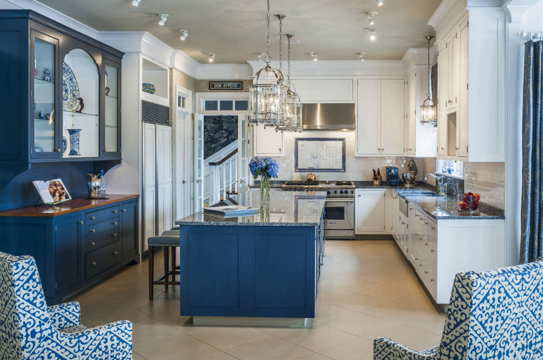 blue-kitchen-island-white-cabinets