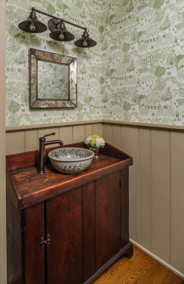 powder-room-design-antique-wood-vanity-wallpaper